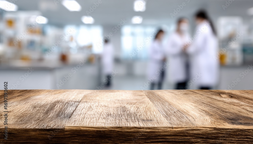 Poster empty wooden table featuring a blurred scene of scientists collaborating in a laboratory, highlighti