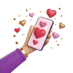Hand holding phone with hearts isolated on a transparent background