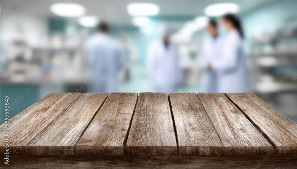 Poster empty wooden table showing modern laboratory with scientists working in the background, ideal for pr