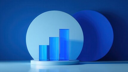 Vibrant photo of simple and minimalist design featuring three blue glass bar charts stacked on top of each other with an abstract circle behind them creating the impression.