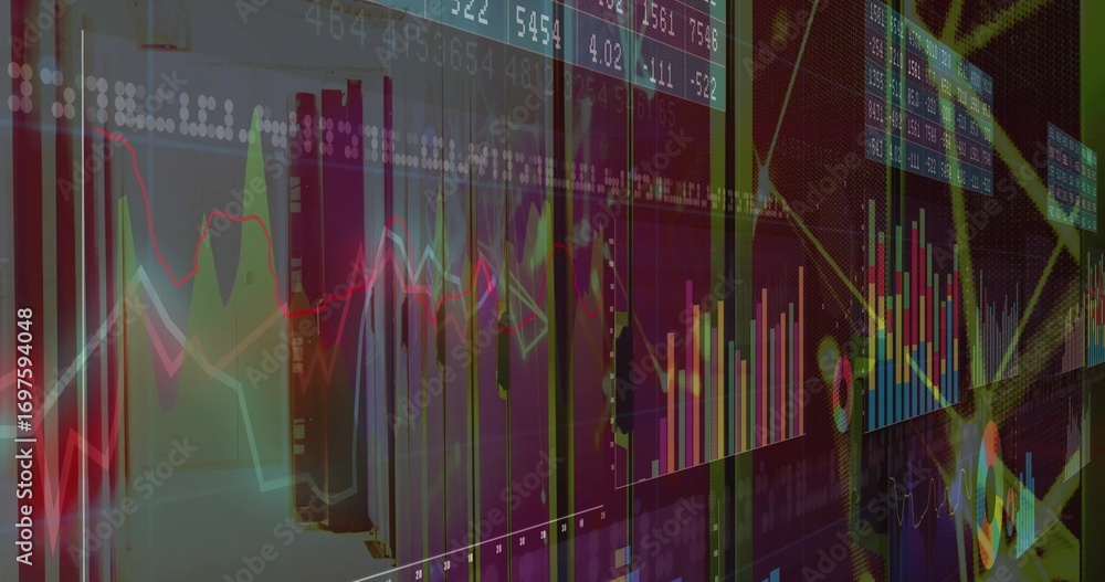Poster displaying layered dashboard interface at trading app, with numeric tickers and colorful bar charts