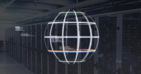 Floating holographic globe hovering inside data center corridor, with server racks and cable trays