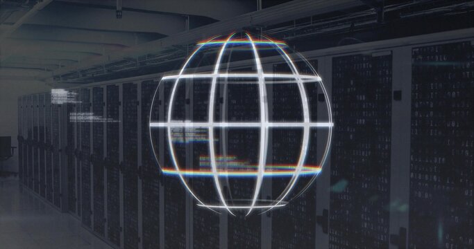 Floating holographic globe hovering inside data center corridor, with server racks and cable trays