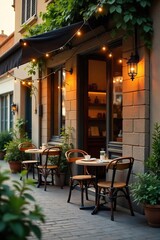 Fototapeta premium Golden hour light bathes a cozy cafe exterior, inviting warmth and relaxation Perfect for travel, lifestyle, and food blogs Enjoy the tranquil atmosphere , brick, peaceful