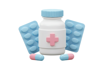3d rendering of a white medicine bottle with a pink cross and two blue blister packs with pills isolated on transparent background