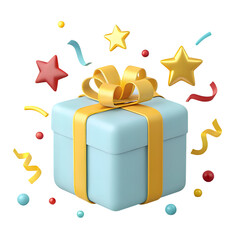 Light Blue Gift Box With Yellow Ribbon And Confetti isolated on a transparent background