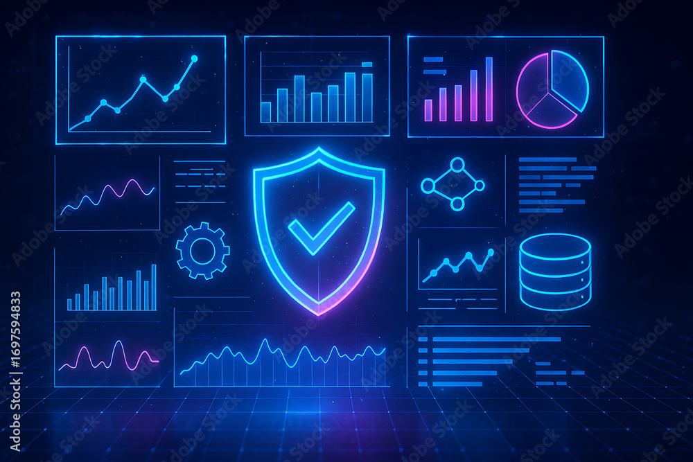 Poster futuristic holographic shield with data analytics charts and graphs representing cybersecurity prote