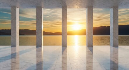 Stunning Sunset View through Marble Columns over Tranquil Ocean