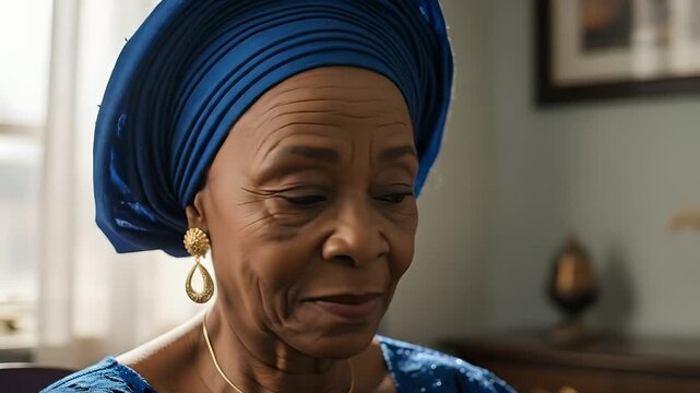 Elegant African woman in blue traditional headwrap smiles softly. Use for culture, heritage, wisdom, family, beauty, tradition, beauty, ethnicity, diversity projects. Close-up, indoor shot.