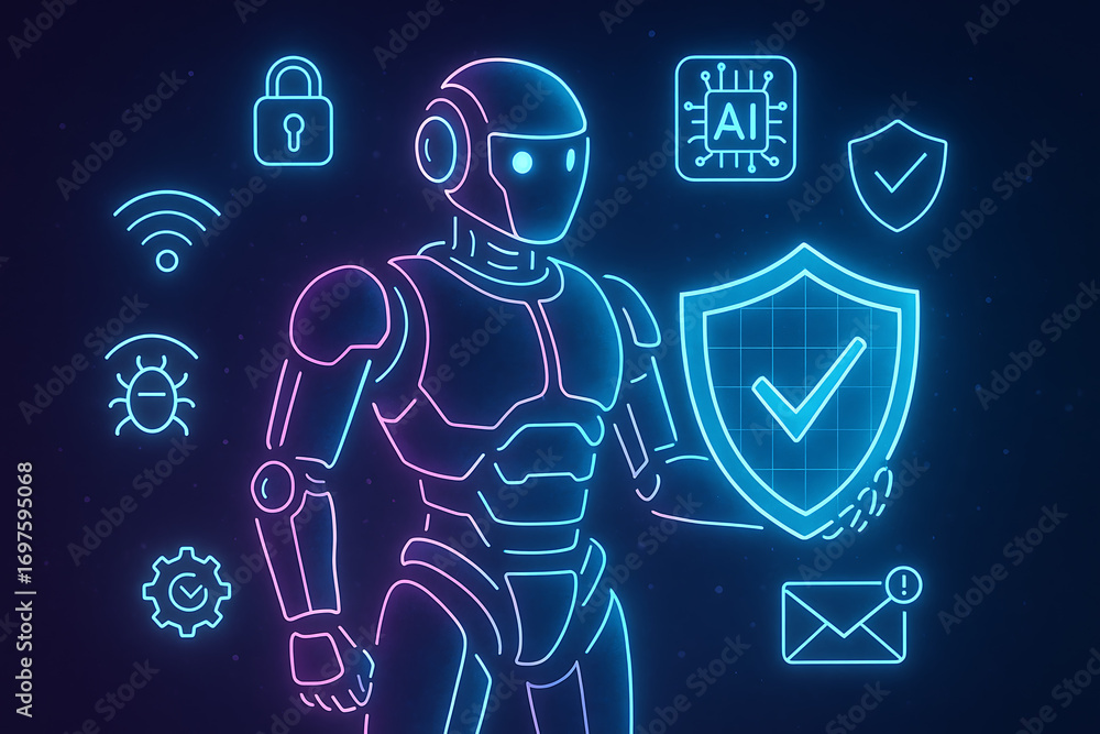 Aufkleber neon glowing robot cyber defender holding shield surrounded by digital security icons representing a