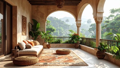 Escapism concept,boho design living room with calm tropical view.