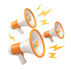 Orange and white megaphones with lightning bolts isolated on a transparent background