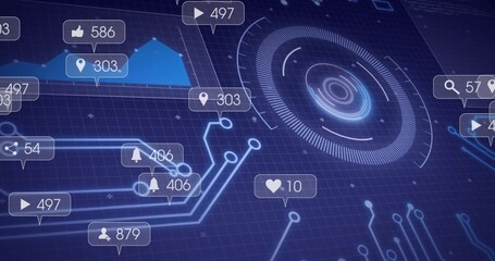 Displaying central HUD element showing concentric data rings on blue grid, with floating callouts