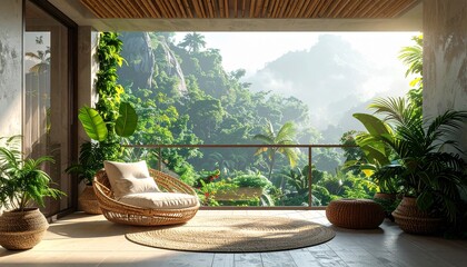 Escapism concept,boho design living room with calm tropical view.