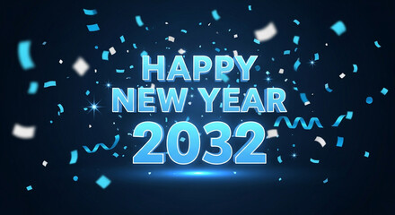 Celebrate the future with vibrant blue confetti and glowing text wishing a Happy New Year 2032