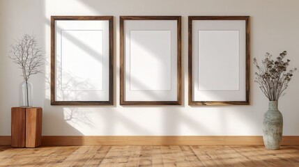 Three frames on wall mockup blank poster. Wooden frames mock up empty print background. Wood picture frames in room. Gallery design realistic modern interior.