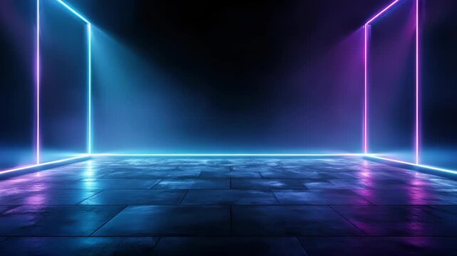 3d technology abstract neon light background, empty space scene, spotlight, dark night, virtual reality, cyber futuristic sci-fi background, street floor studio for mock up. colored geometric
