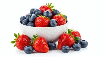 Obraz premium A Bowl Overflowing With Fresh Strawberries and Blueberries Creating a Vibrant Natural Display of Healthy Berries