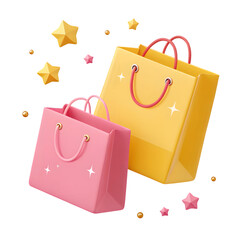 Pink and yellow shopping bags with stars isolated on a transparent background
