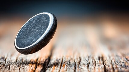 Dark disc hovering above weathered wood