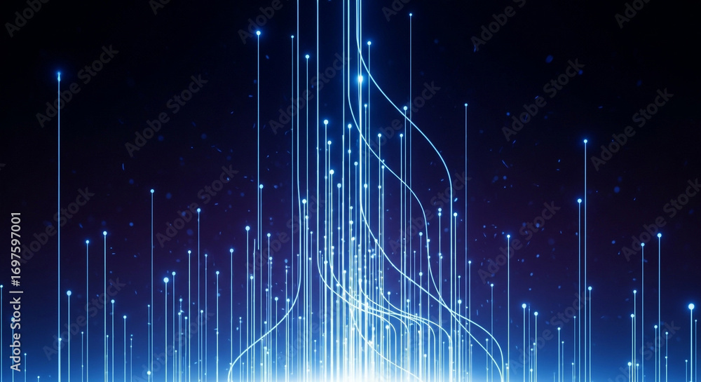 Leinwandbilder dynamic blue digital network streams connect glowing nodes in abstract futuristic data flow