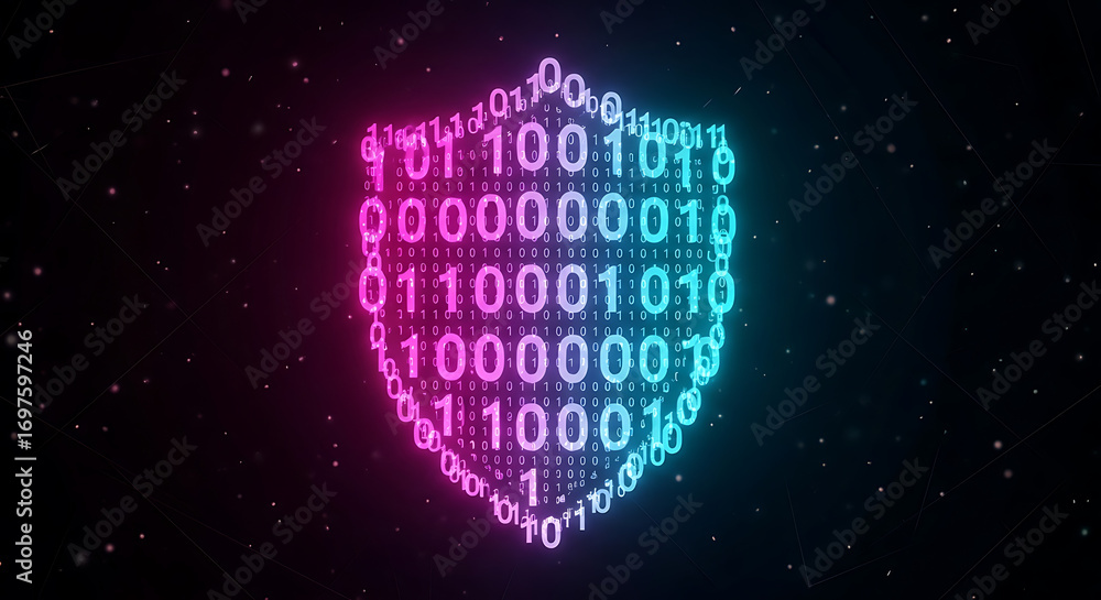 Fototapete binary code forming shield symbolizing data encryption and secure digital protection against cyber t