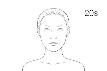 20代女性 顔アップ 美容 フェイスチャート風 モノクロ線画イラスト