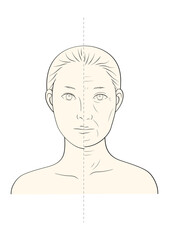 若い女性 高齢女性 顔比較 半顔 シンプルカラー線画イラスト