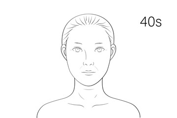 40代女性 顔アップ 美容 フェイスチャート風 モノクロ線画イラスト