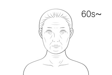 高齢女性 顔アップ 美容 フェイスチャート風 モノクロ線画イラスト