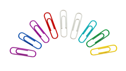 Collection of colorful paper clips arranged in a fan shape isolated on transparent background