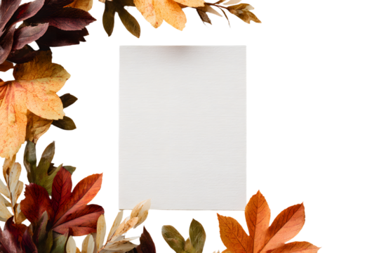 Autumn composition. Frame made of blank paper and leves on white background. Fll concept. Autumn thanksgving texture. Flat lay, to view, copy space