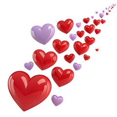 Red and purple hearts flowing isolated on a transparent background