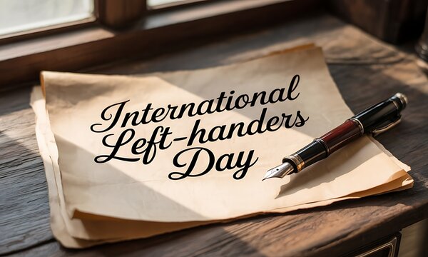 Honoring a special occasion for left-handed people with a vintage-style calligraphic note on aged paper and a classic ink pen
