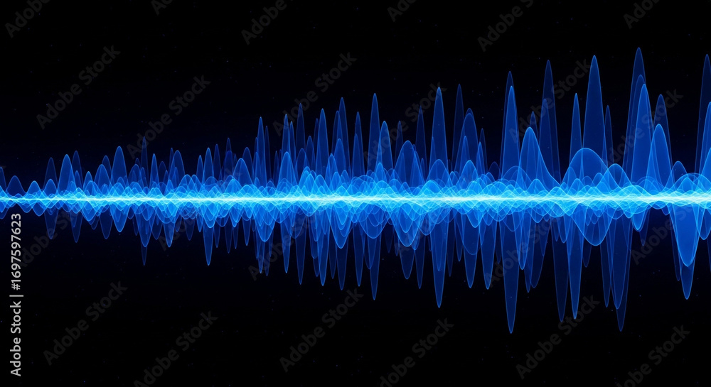 Poster vibrant blue sound wave visualization pulses across a dark background, representing audio and data
