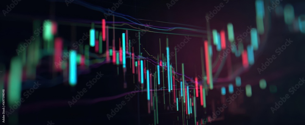 Poster the candlestick stock chart display showing volatile financial data and neon trend lines