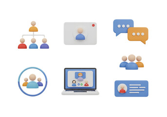 3d icon of set of 3d business icons representing teamwork, communication, and online meetings isolated on transparent background