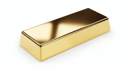 A gleaming polished gold bar sits in isolation against a stark white background showing its reflective surface
