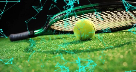 Tennis racket and tennis ball lying on synthetic grass court, with turquoise network overlay