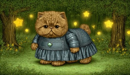 A ginger Persian cat in a teal, armored dress, amidst glowing starlights in a lush forest