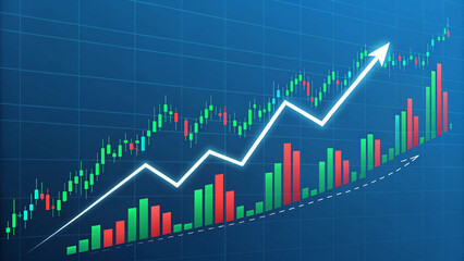 Stock Market Business Growth with Upward Trend and Candlestick Chart Financial Investment and Trading Concept with Upward Arrow on a Graph