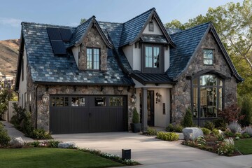 Beautiful stone house with modern design and landscaped garden