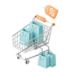Shopping cart with bags and discount tag isolated on a transparent background
