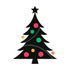 Black Christmas tree with colorful ornaments and a black color star vector on white background.