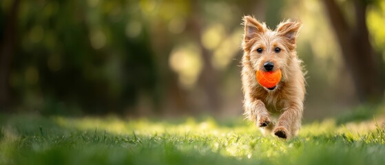 Obraz premium The dog carrying an orange ball running joyfully across sunlit green grass in park