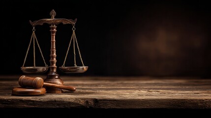 Justice System Gavel Scales of Justice Legal Wood Table Illustration.