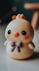 Close-up of a pastel yellow chick figurine with a purple bow