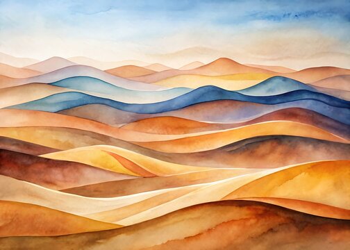 Watercolor painting of a desert landscape with rolling hills in warm colors and a blue sky with a few clouds above the horizon