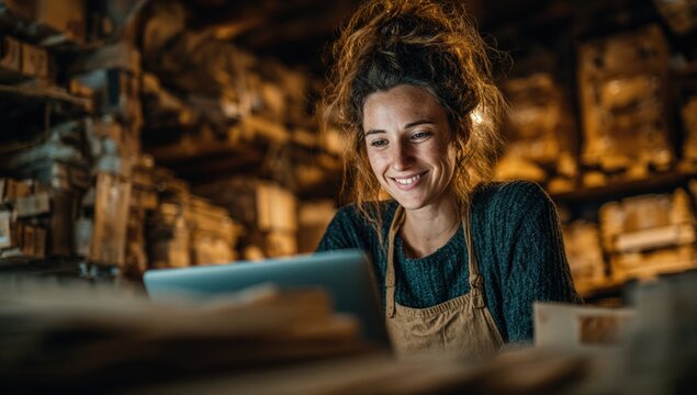 Smiling woman in workshop looks at tablet, wooden shelves in background