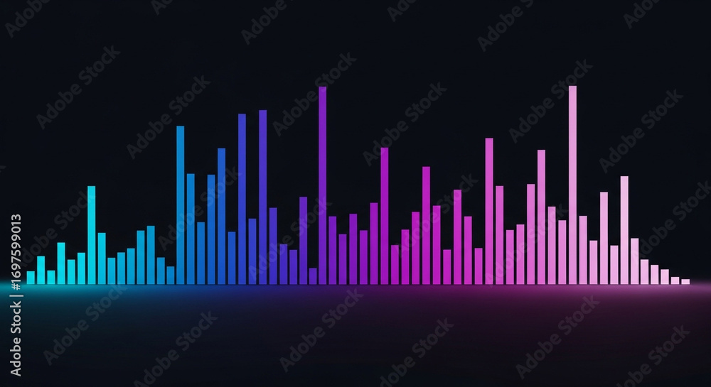 Poster dynamic audio spectrum visualization pulses with vibrant blue and purple hues on a dark background